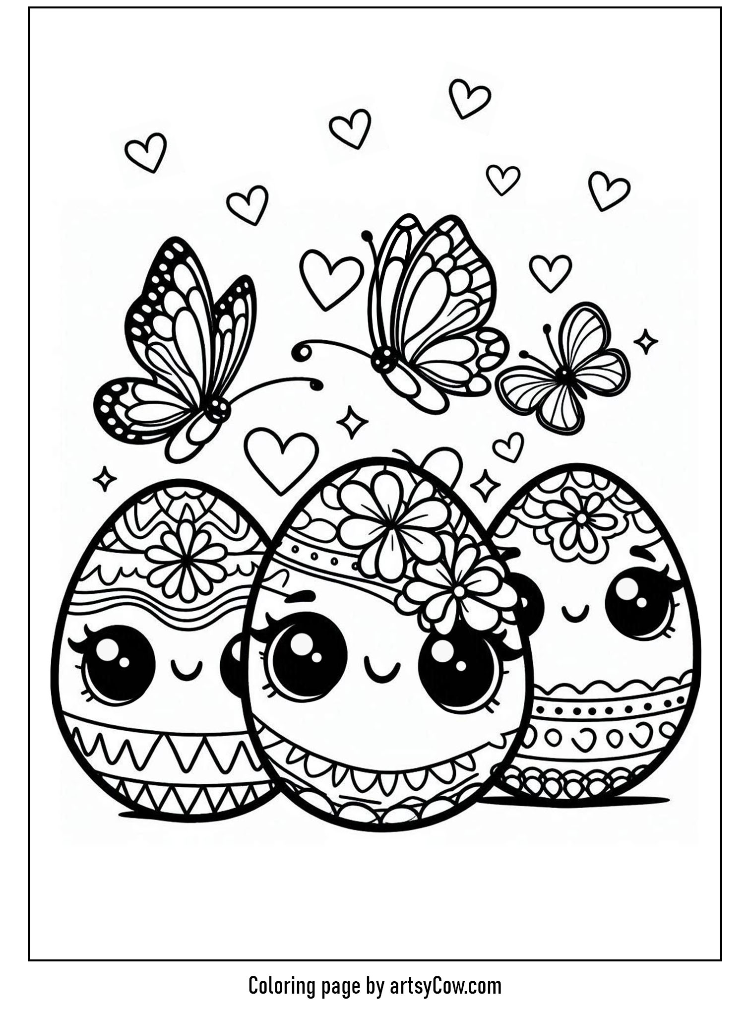 easter coloring pages for kids featuring adorable Easter eggs with cute faces surrounded by fluttering butterflies and floating hearts.